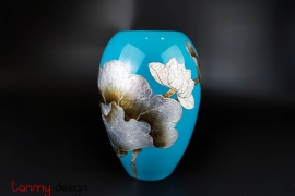 Blue ceramic vase with cupped mouth and hand-painted lotus 19*H28cm